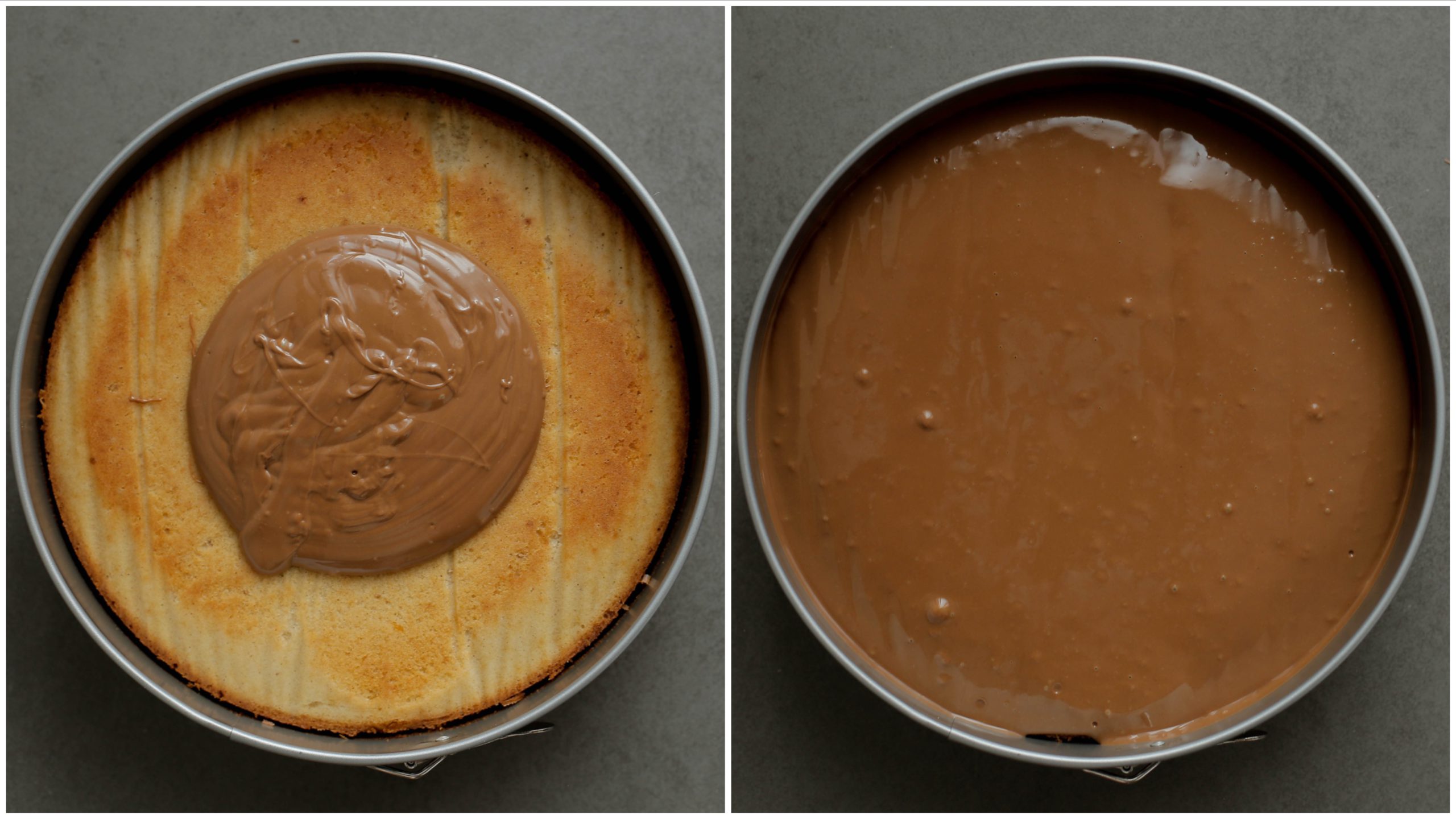 Topping uitsmeren over de gevulde speculooscake