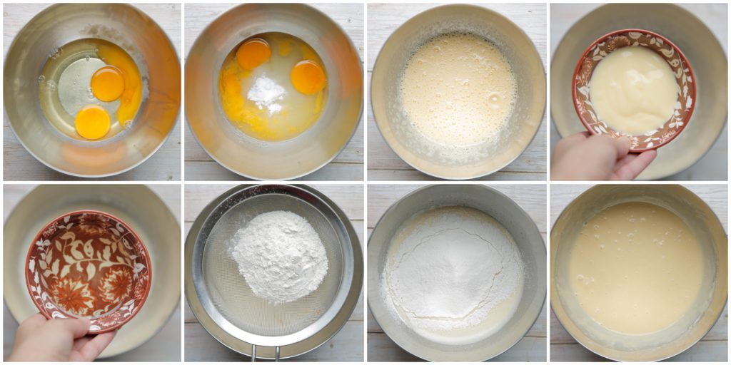 Breek de eieren boven een kom. Voeg de witte basterdsuiker, vanillesuiker en het zout toe. Mix 2 minuten. Voeg de vanille vla en zonnebloemolie toe. Mix een minuut. Zeef de bloem en bakpoeder boven de kom en mix tot een glad beslag.