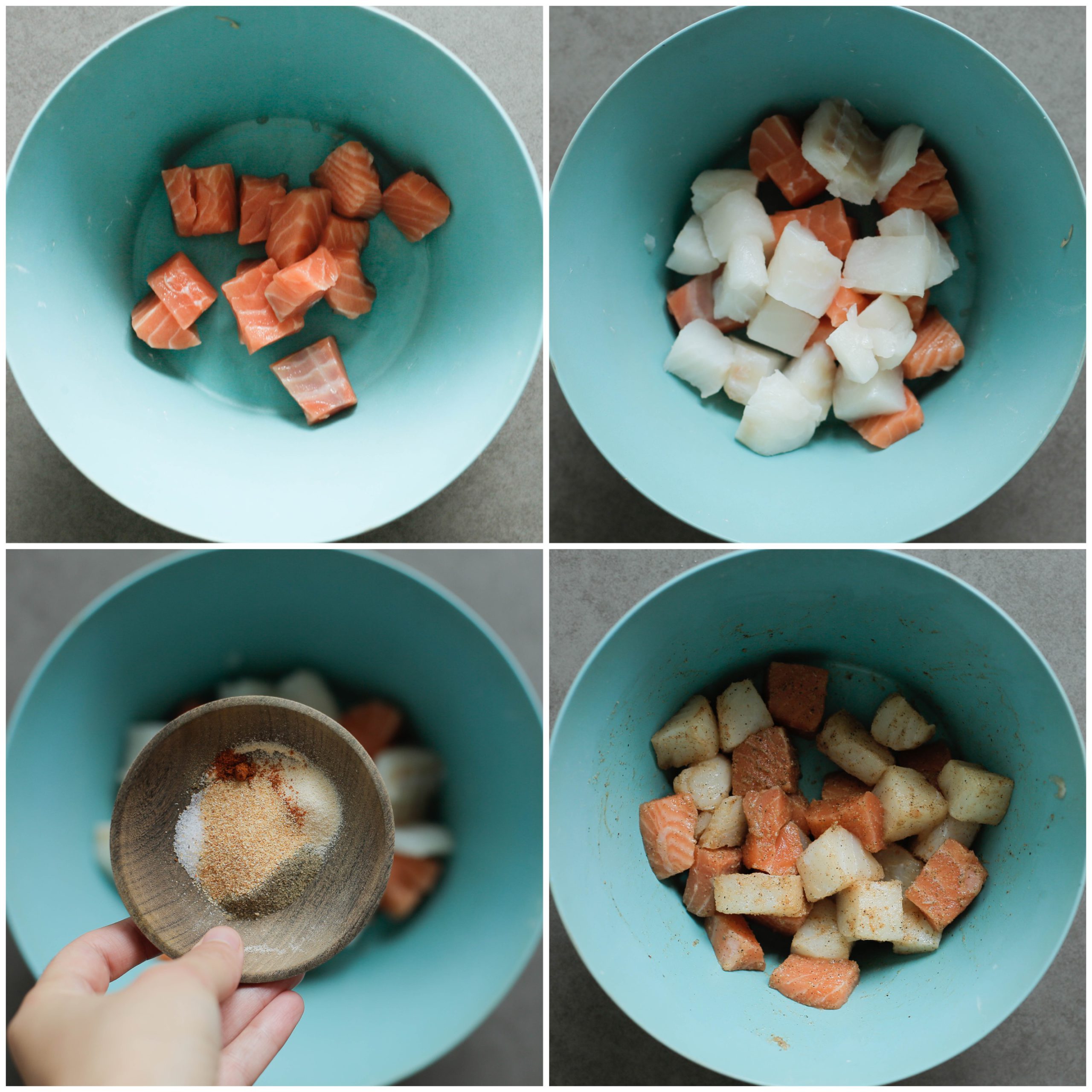 Zalm en kabeljauw mengen met kruiden in een diepe kom