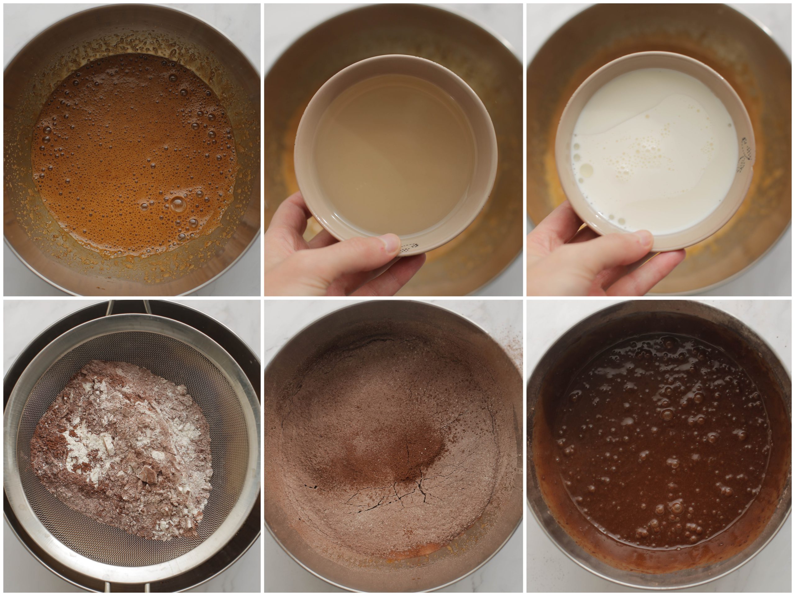 Zonnebloemolie, melk, bloemmengsel mixen tot een gladde massa voor het maken van een koffiecake