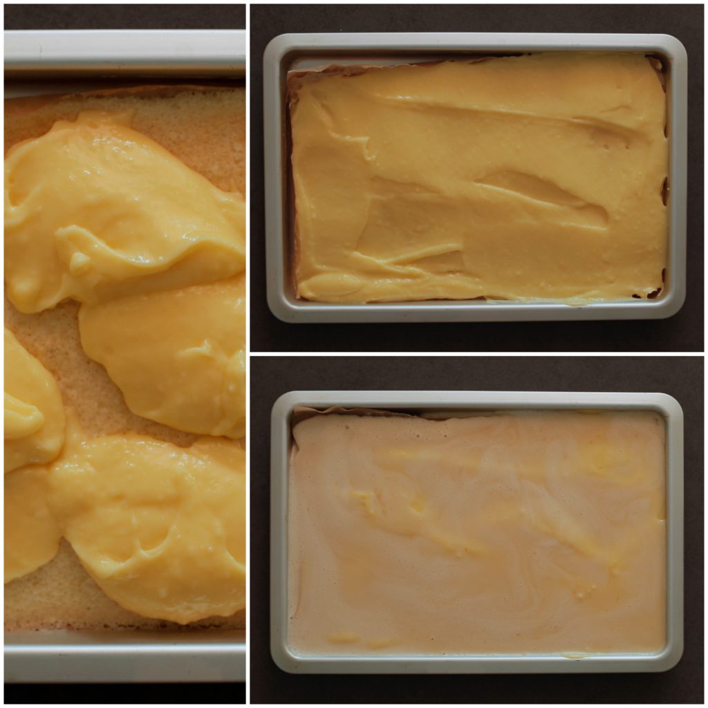 Haal de cake uit de oven en verdeel de gele room gelijkmatig. Giet het overige beslag erover.