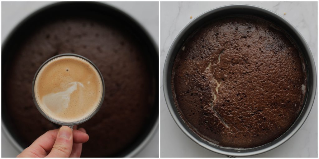 Giet de koude cappuccino over de cake en laat het intrekken een uur intrekken of tot de cake de koffie volledig heeft geabsorbeerd.