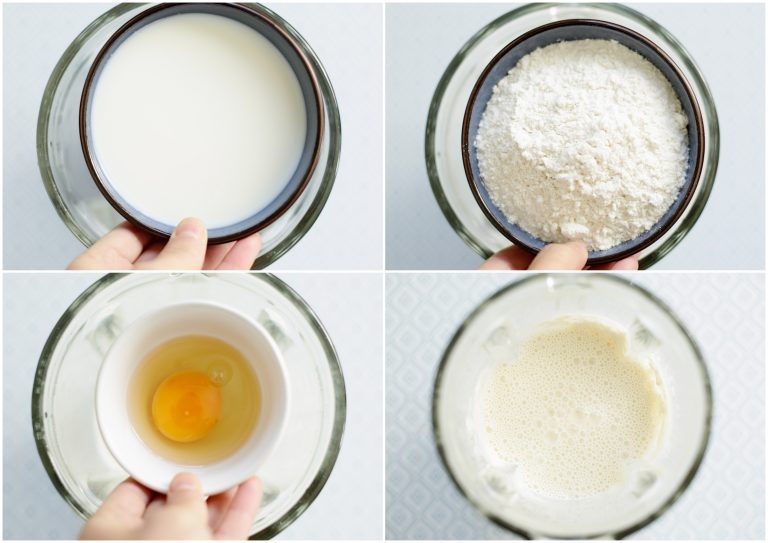 Voeg de melk, bloem, het zout en de eieren in een blender. Mix tot een glad beslag.