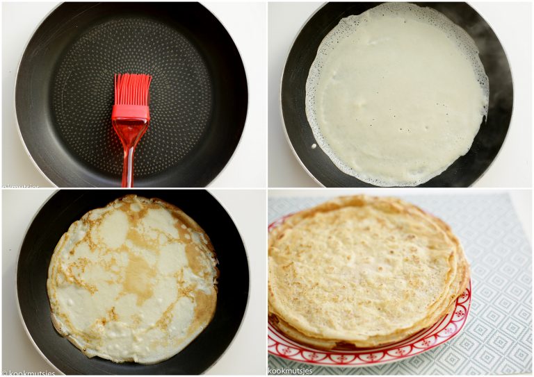 Vet de pan lichtjes met olie (gebruik een kwast) en giet het beslag erin (80 gram per pannenkoek). Bak de pannenkoek aan beide kanten in ca. 4 minuten gaar.