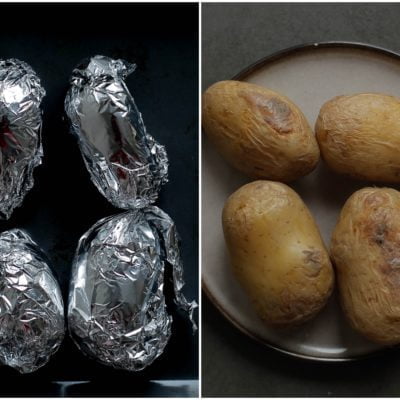 Was de aardappels. Neem een vel aluminiumfolie en pak elke aardappel goed in. Leg de verpakte aardappels in een voorverwarmde oven op 220℃. Bak de aardappels 55-60 minuten of tot de aardappels gaar zijn. Prik in een aardappel om te kijken of deze gaar is. Gaat de prikker er snel doorheen, dan zijn ze gaar.