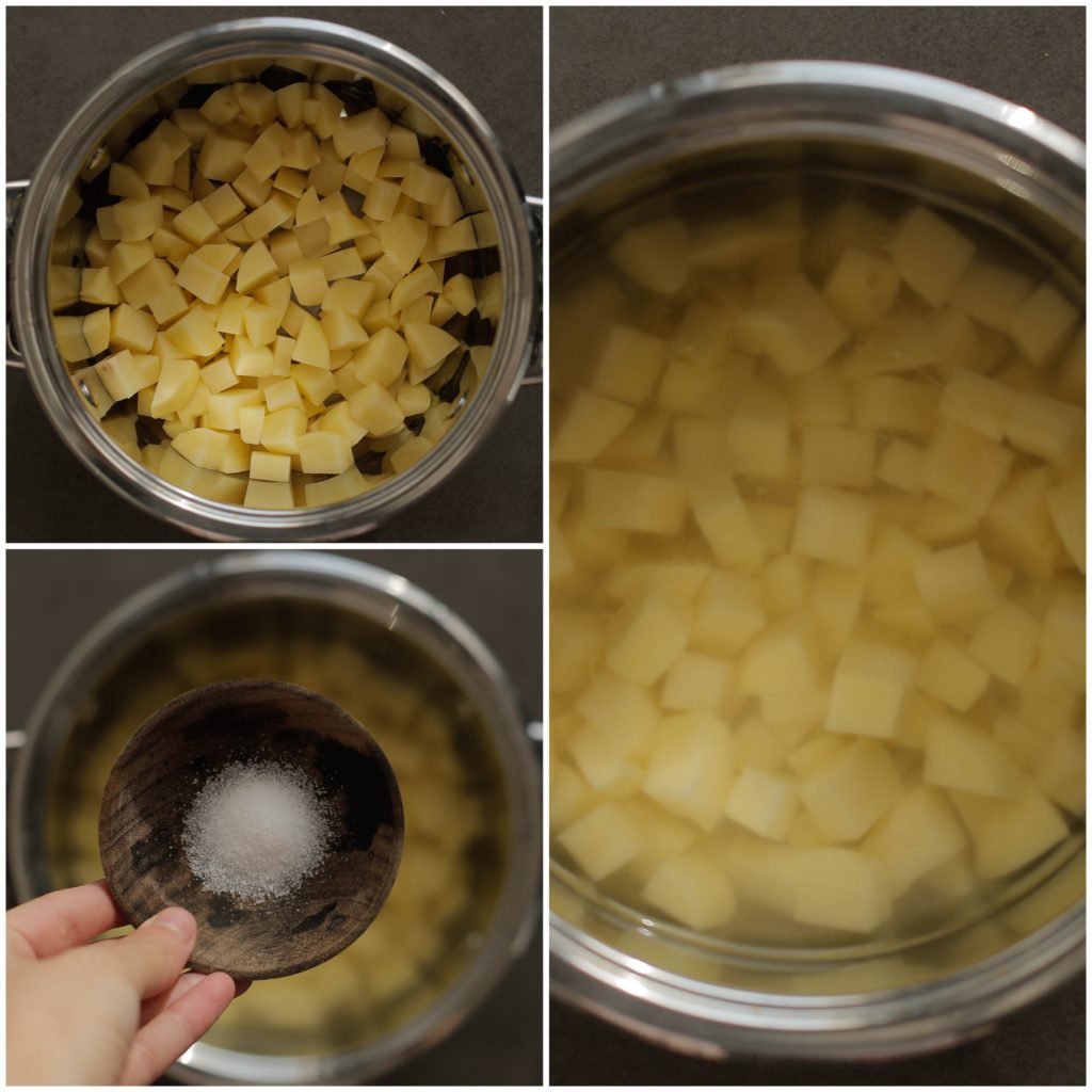 Schil en snijd de aardappels in blokjes. Breng de aardappels in een pan met ruim water aan de kook en voeg het zout toe. Bak de aardappels 10-12 minuten of tot ze gaar zijn.