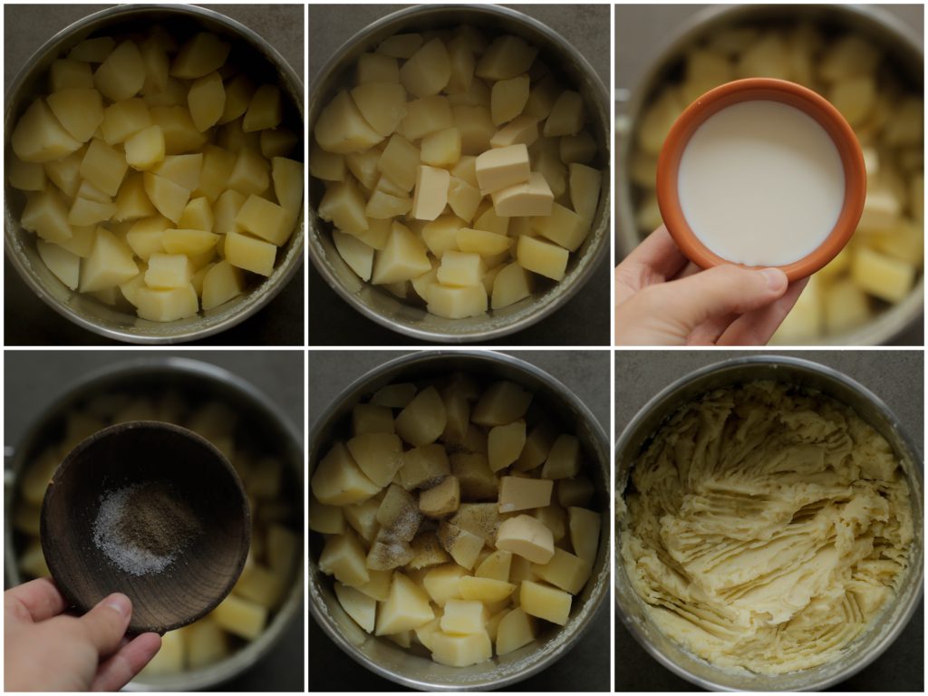 Doe de gekookte aardappels terug in de pan. Voeg de roomboter, melk, het zout en de zwarte peper toe. Stamp/prak de aardappels fijn.