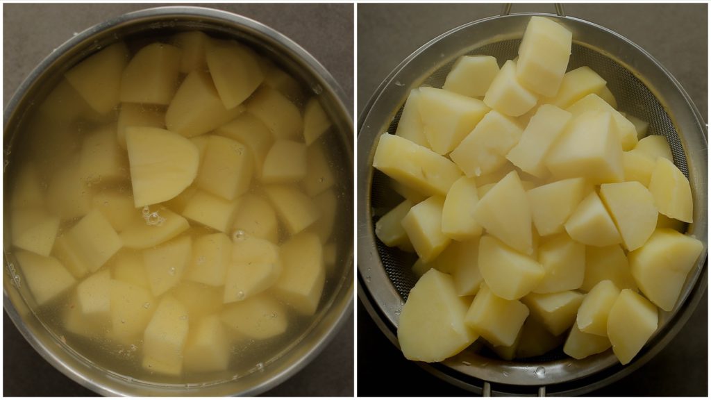 Breng de aardappelblokjes in ruim water met wat zout aan de kook. Kook 15-20 minuten of tot de aardappels gaar zijn. Laat het water uitlekken.