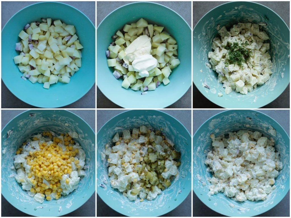 Doe de gekookte aardappels in een diepe kom. Voeg de rode ui, mayonaise, crème fraîche, dille, augurk en mais toe. Meng goed. Voeg zout toe naar smaak.