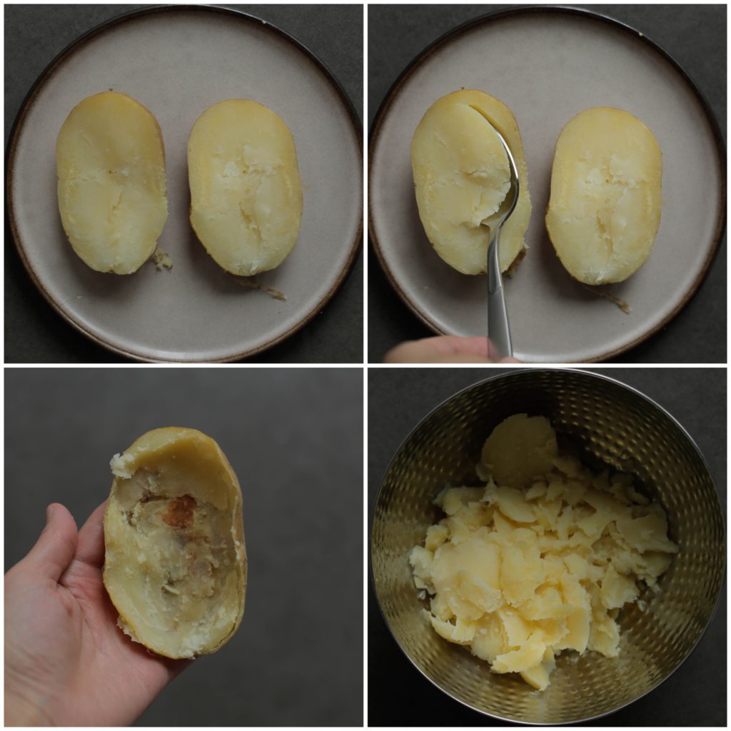 Snijd de aardappels in de lengte doormidden. Schep voorzichtig met een lepel de aardappelvulling eruit en doe deze in een kom, de aardappelschil laat je heel. Herhaal de werkwijze met de overige aardappels.