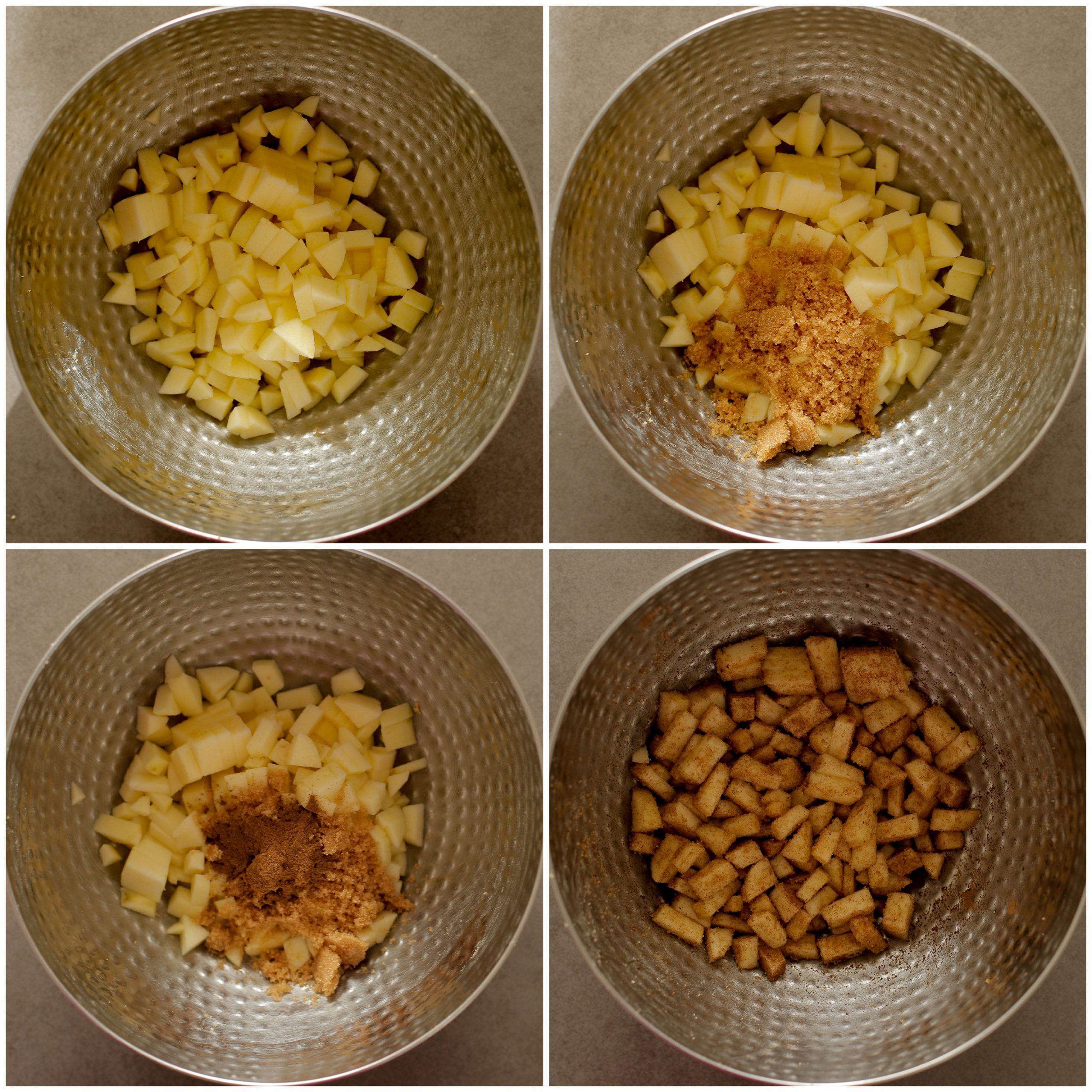 Appelstukjes, suiker en kaneel in een diepe kom mengen