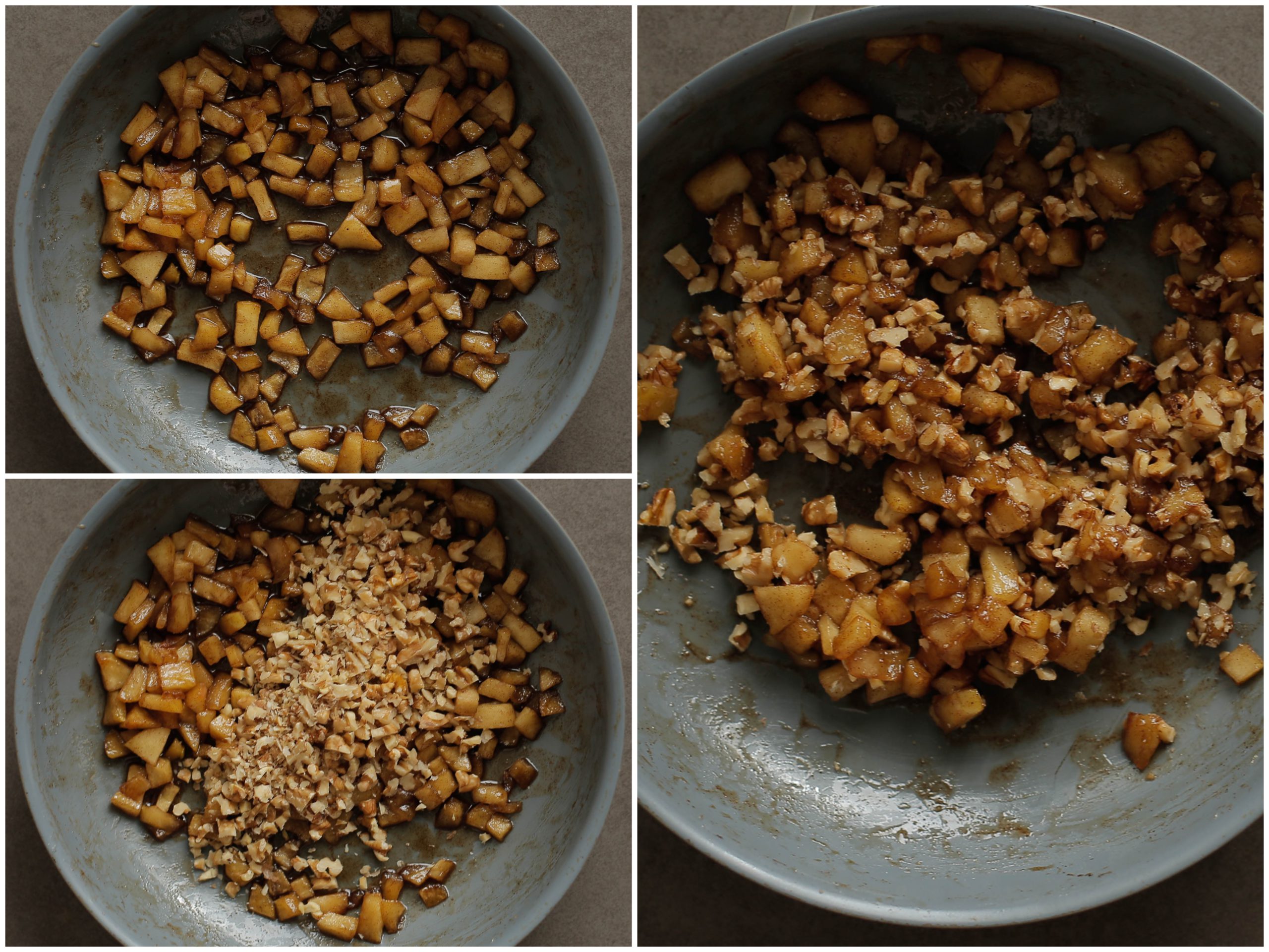 Appelstukjes zacht bakken en stukjes walnoot toevoegen