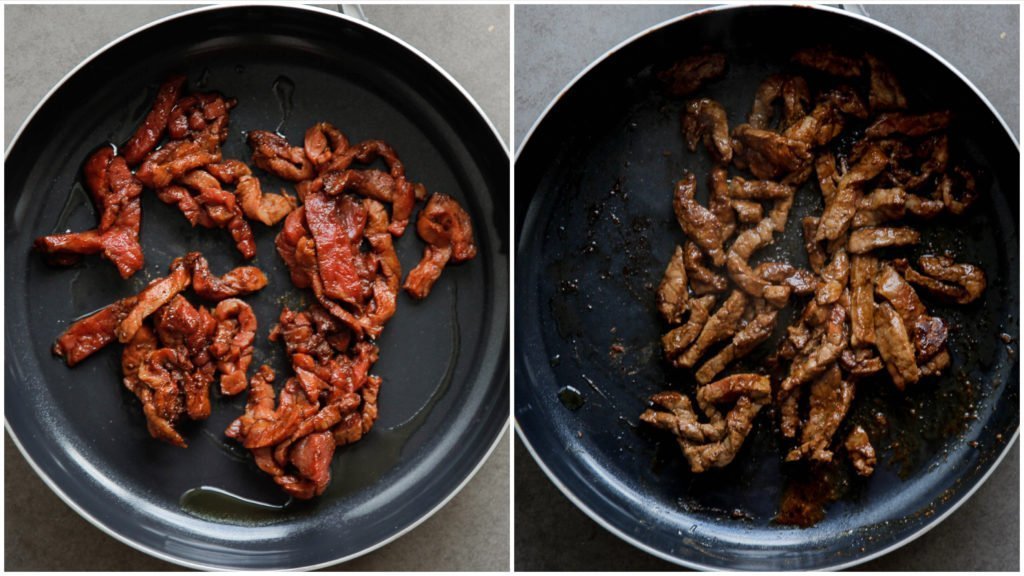 Verhit de olijfolie in een koekenpan op middelhoog vuur. Bak de biefstuk 3-4 minuten. Leg deze apart.
