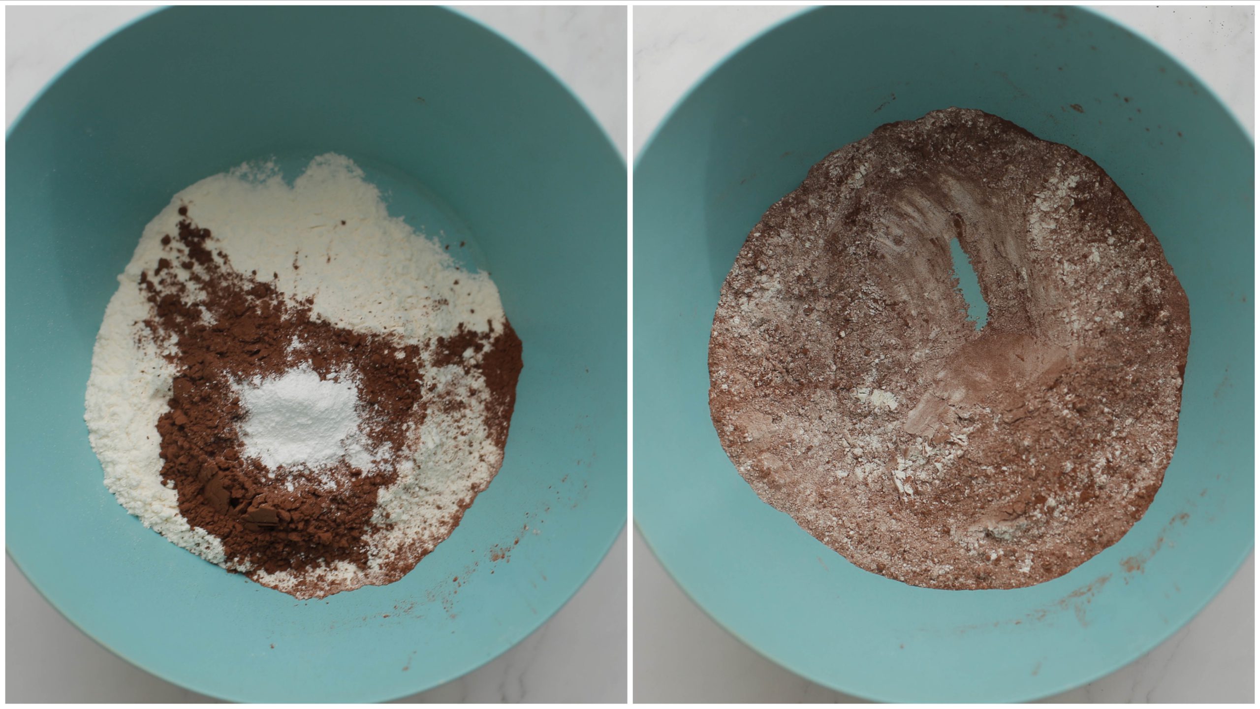 Bloem, cacao en bakpoeder samen mengen in een kom