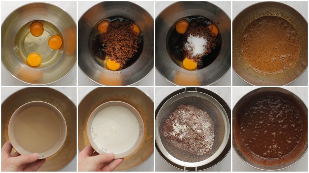 Breek de eieren boven een kom. Voeg de donkerbruine basterdsuiker, vanillesuiker en het zout toe. Mix 2 minuten. Voeg de zonnebloemolie en melk toe. Mix een minuut. Zeef het bloemmengsel boven de kom en mix tot een gladde massa.