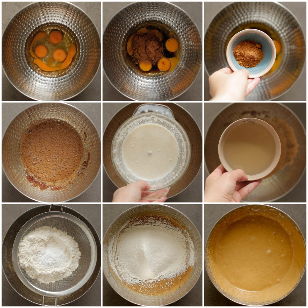 Breek de eieren boven een kom. Voeg de donkerbruine basterdsuiker en vanillesuiker toe. Mix 3 minuten. Voeg het amandelmengsel, de speculaaskruiden en zonnebloemolie toe. Mix een minuut. Zeef de bloem en bakpoeder boven de kom. Mix tot een gladde massa.