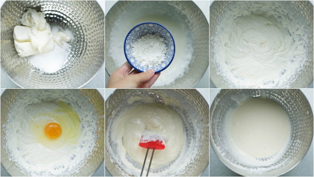 Doe de roomkaas in een diepe kom samen met de suiker, vanillesuiker, het zout en de maïzena. Mix een minuut. Leg de mixer weg en gebruik vanaf nu een spatel. Los de eieren één voor één luchtig op met de spatel (doe dit niet met een mixer, want zo klop je het beslag op).
