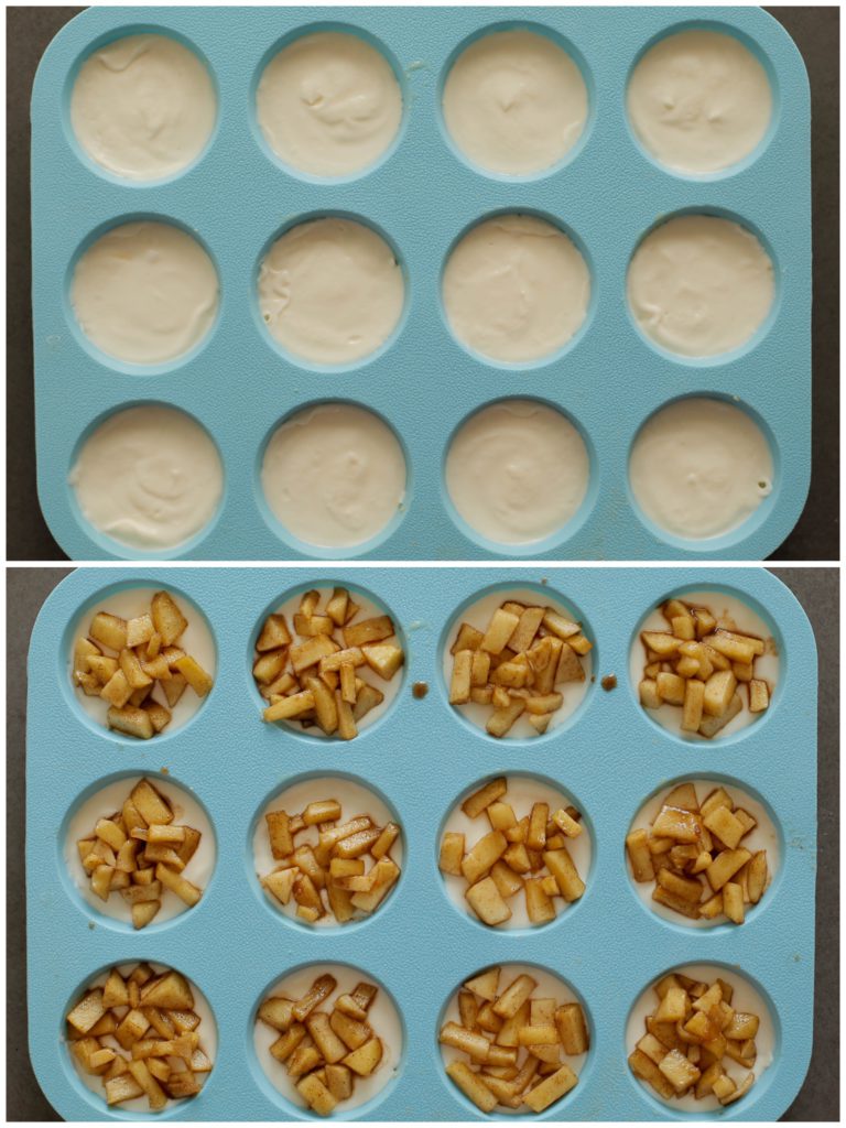 Vul de muffin-siliconenvorm met het cheesecake beslag (35-40 gram per stuk). Schep wat van het appelmengsel erop, gevolgd door de koekkruimels.