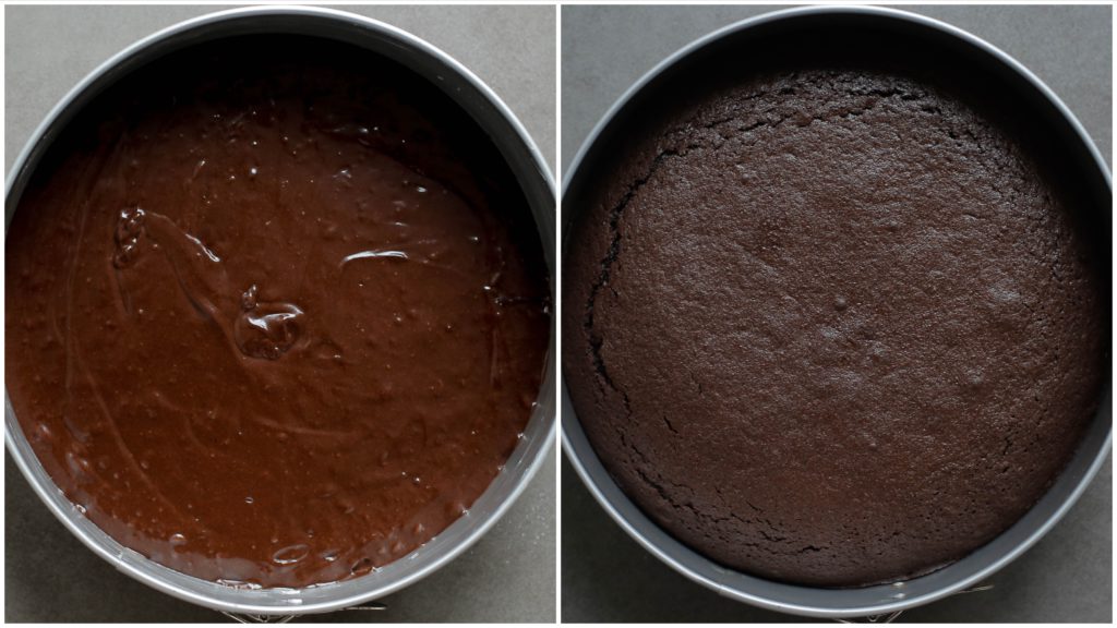 Doe het beslag in een bakvorm. Leg de chocoladecake in een voorverwarmde oven op 175 ℃ en bak 20 minuten. 