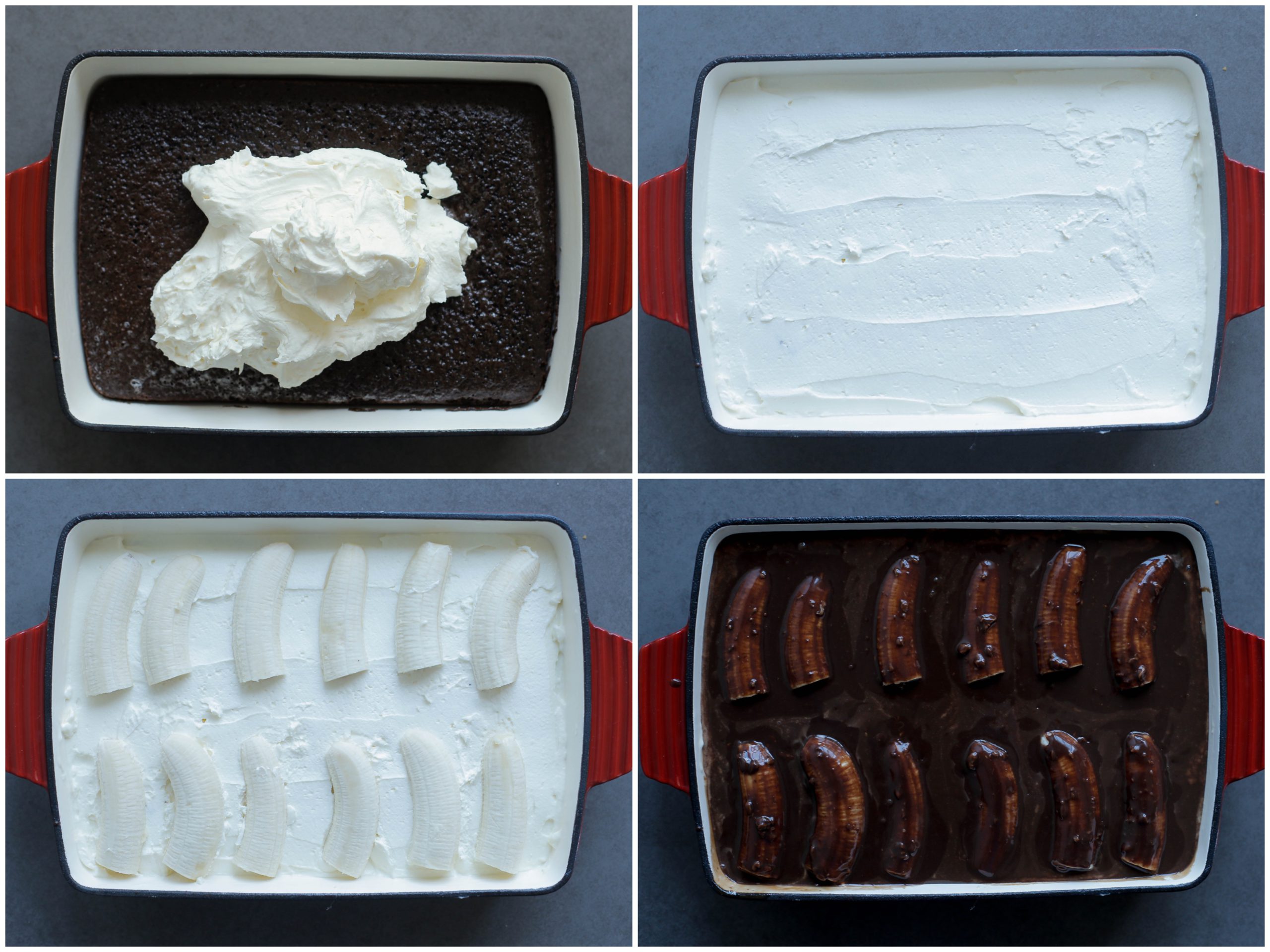 Chocoladecake garneren met room, banaan en ganache