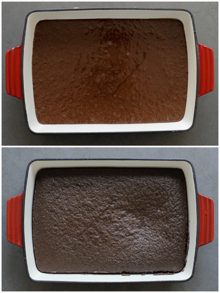 Vet de bakvorm goed in en voeg het beslag toe. Leg de cake in een voorverwarmde oven op 175℃. Bak 20-25 minuten. De cake is gaar als je er met een satéprikker in prikt en er droog uitkomt.