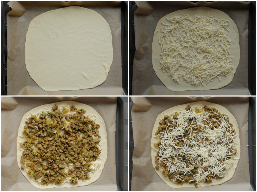 Verdeel de helft van de mozzarella kaas erop, met daarop het vlees (laat 2 cm van de randen leeg). Strooi er weer een laagje mozzarella kaas op.