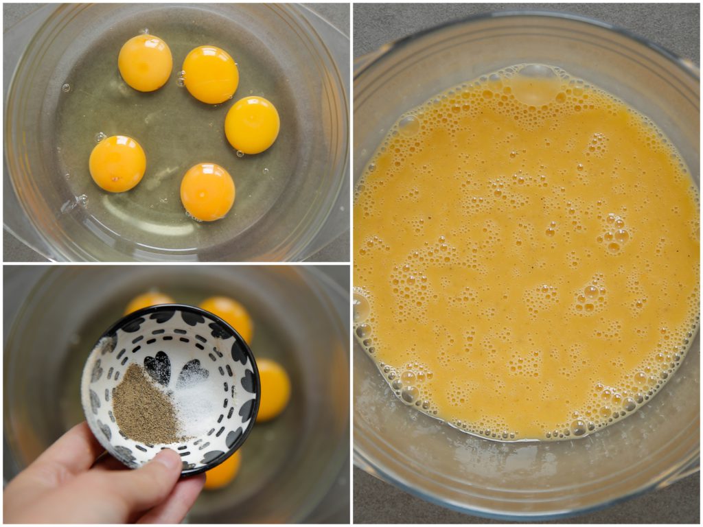 Doe 5 eieren samen met het zout en de peper in een kom. Met een garde klop je de eieren los, je kunt ook een vork gebruiken.