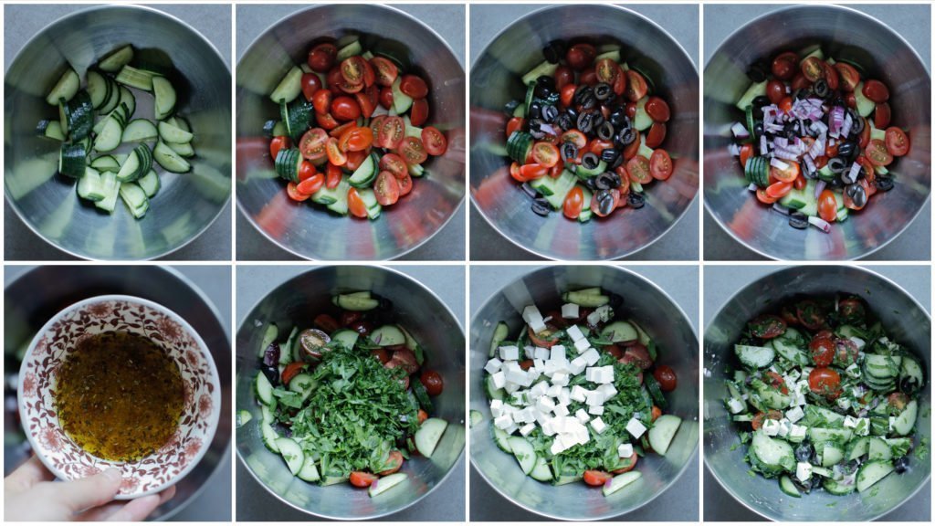 Doe de snoeptomaatjes, komkommer, zwarte olijven en rode ui in een kom. Voeg de dressing toe en meng goed. Voeg de rucola en feta kaas toe. Meng goed.