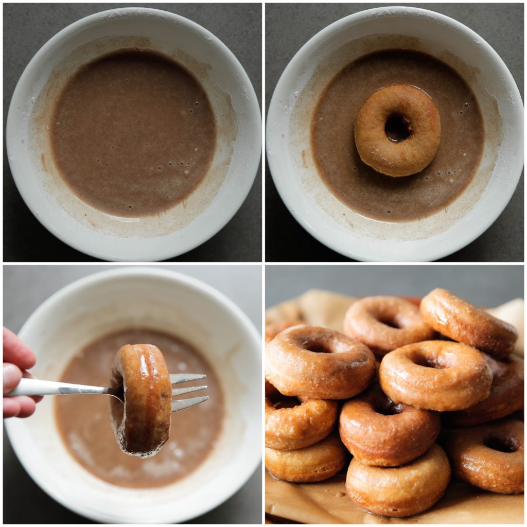 Haal de warme donuts door het glazuur (beide kanten) en leg ze op een vel bakpapier.