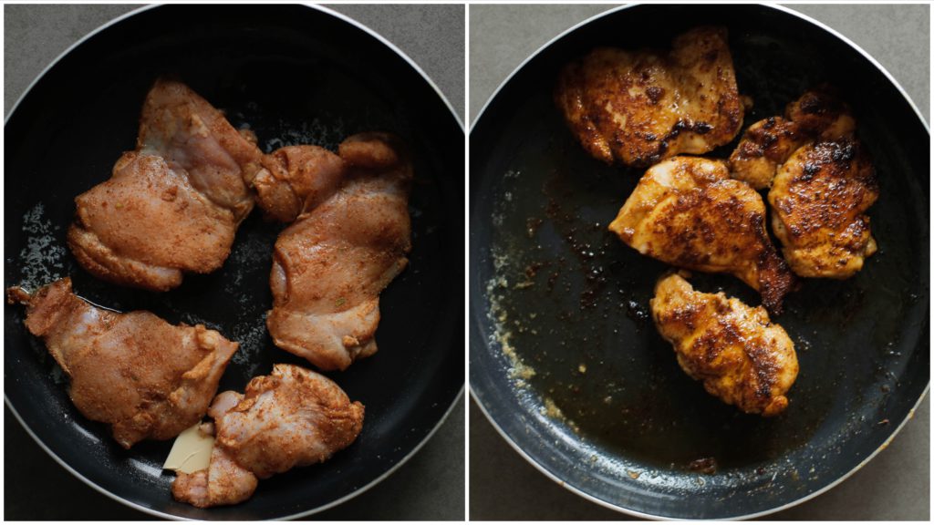 Verhit wat roomboter in een pan op middelhoog vuur en bak de kippendijen 2-3 minuten aan elke kant. Schep de kippendijen eruit en leg apart.