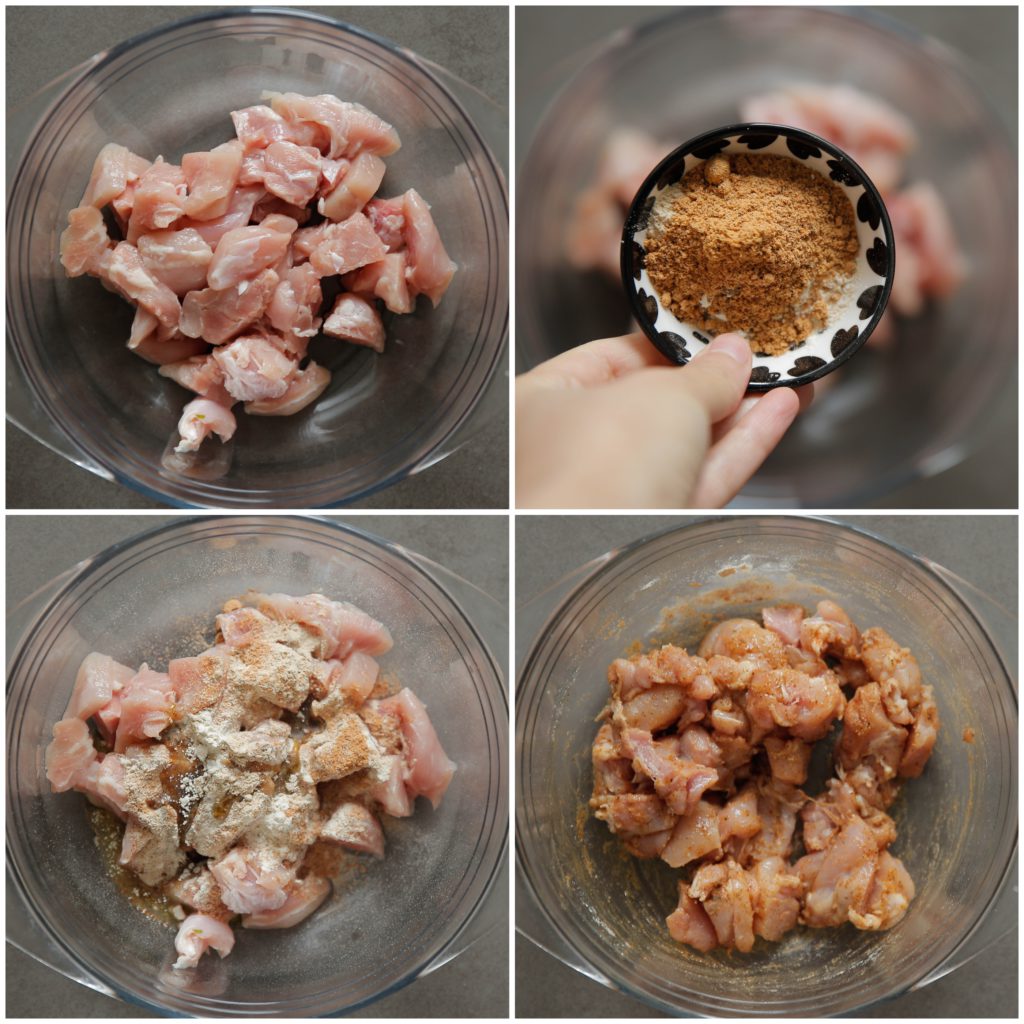 Snijd de kip in stukken en doe deze in een diepe kom. Voeg het zout, de ras el kouzina, zwarte peper, knoflookpoeder, uienpoeder en olijfolie toe. Meng goed.