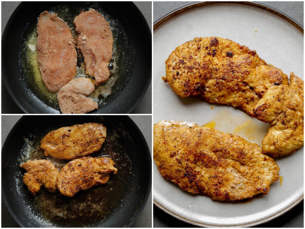 Verhit de roomboter in een koekenpan op middelhoog vuur. Voeg de kip toe en bak aan beiden kanten 2-3 minuten. Haal de kip eruit en leg apart.