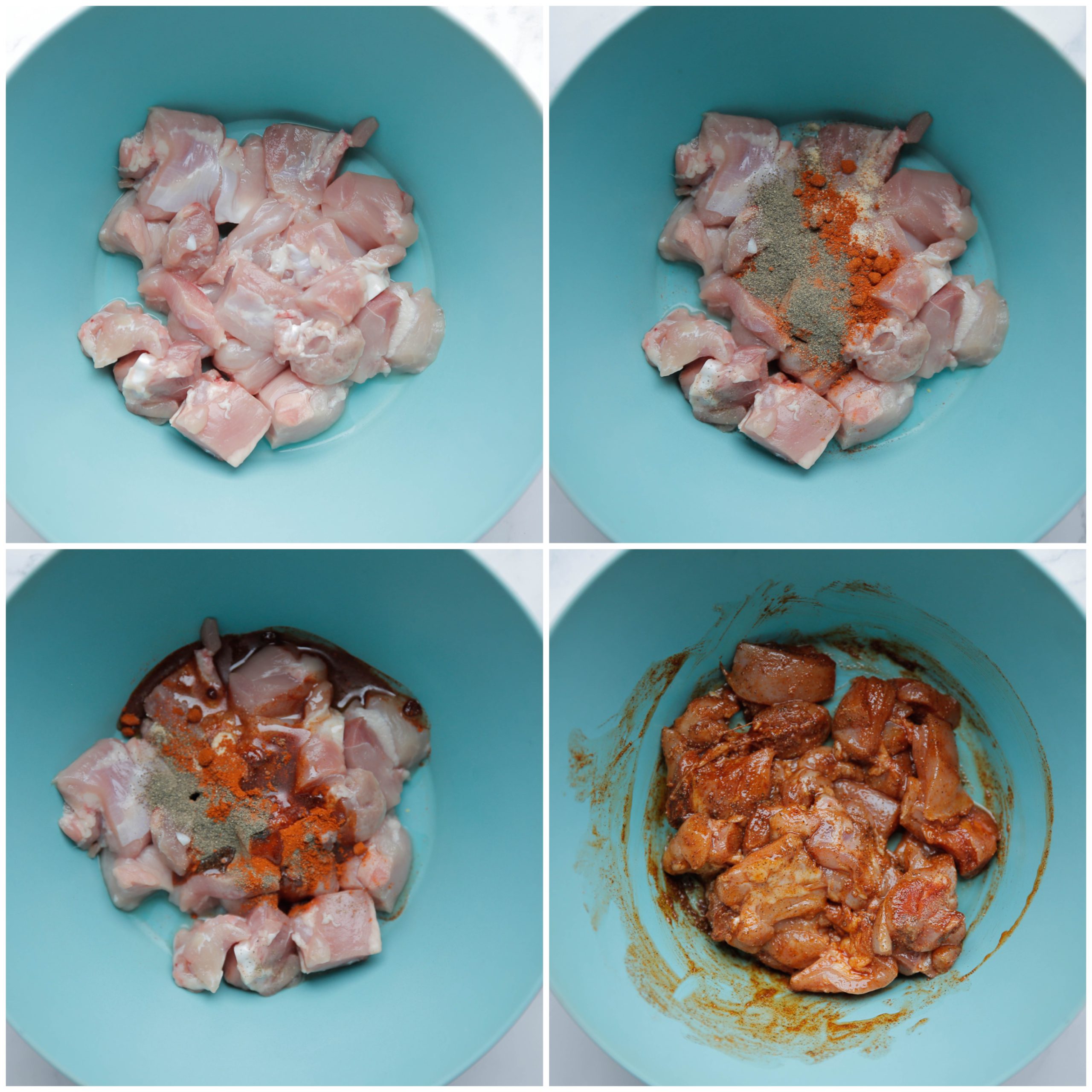 Kipmengsel marineren in een diepe kom voor de kip pinda