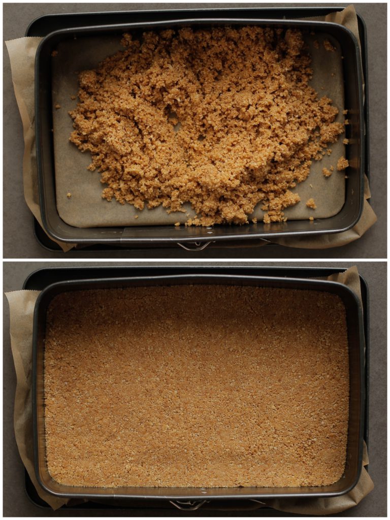 Verdeel het koekjesmengsel in een bakvorm en druk het goed tegen de bodem aan. Leg het in de vriezer.