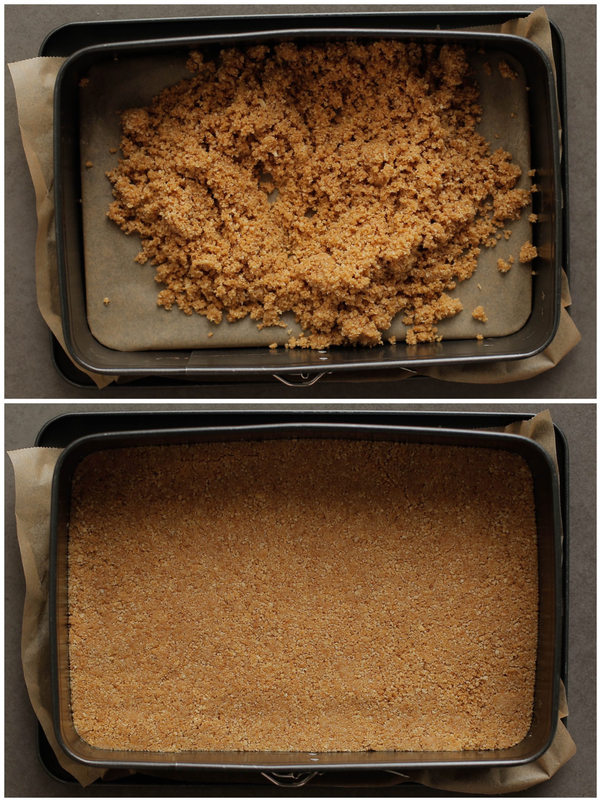 Koekjesdeeg fijndrukken over de bodem van een bakvorm