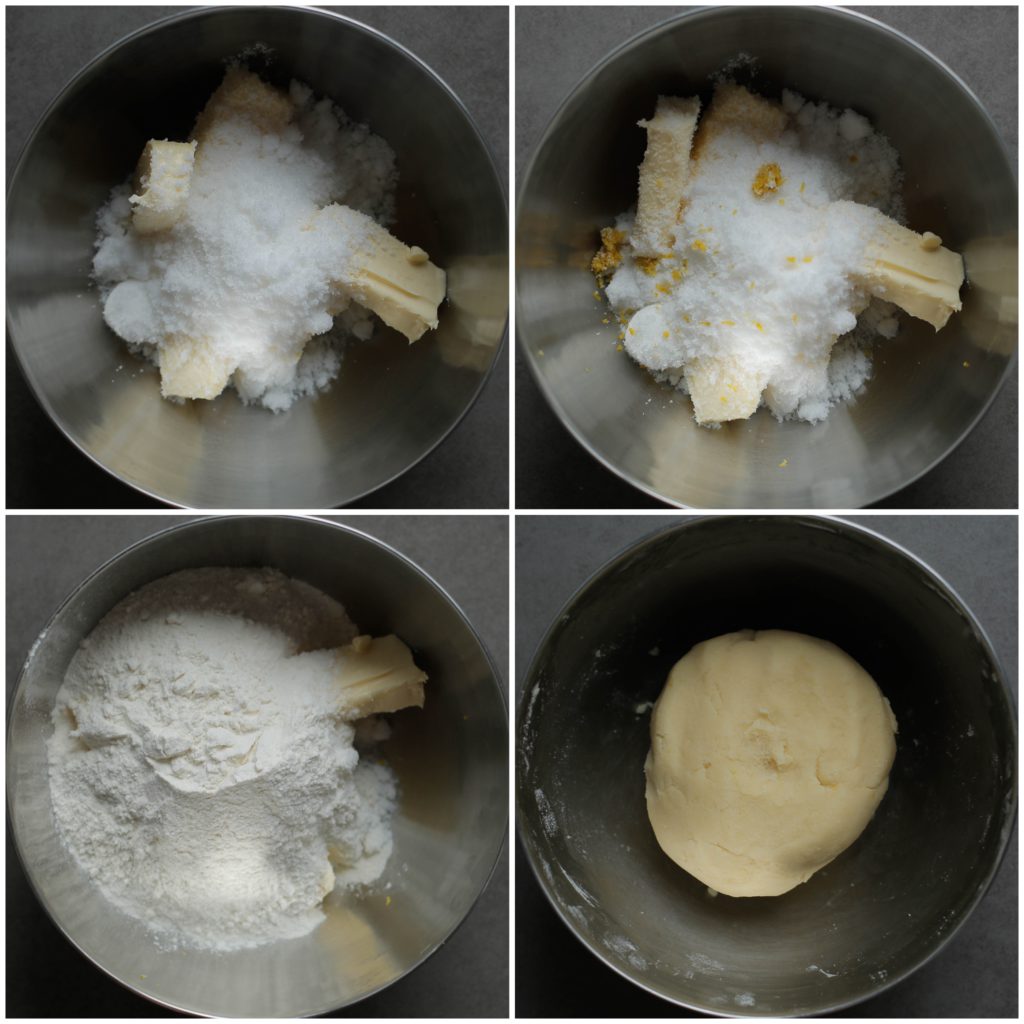 Doe de roomboter (250 gr) samen met de witte basterdsuiker (175 gr), het zout, citroenrasp en de bloem in een diepe kom. Kneed tot een mooie koekjesdeeg. Dek af en leg het koekjesdeeg voor een uur in de koelkast.