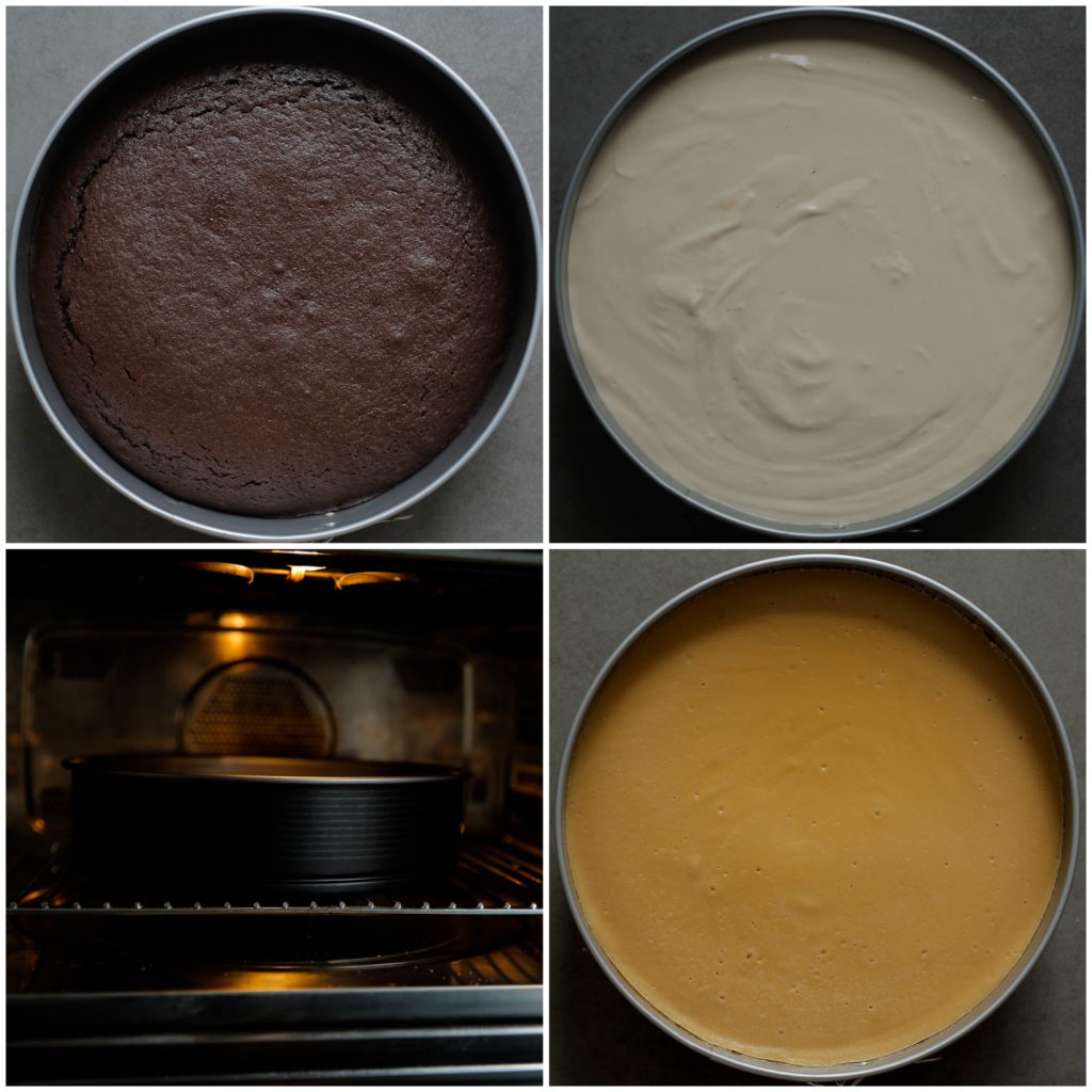 Giet het cheesecakebeslag over de chocoladecake en leg deze in de oven op 115 ℃. Bak de cheesecake in ca. 60 minuten gaar of tot de zijkanten van de cheesecake goed stevig zijn en het middengedeelte nog een beetje wiebelt. Schakel de oven uit en laat de cheesecake er nog in zitten voor een uur. Dit voorkomt dat de cheesecake inzakt. Leg de cheesecake, afgedekt, voor een paar uur in de koelkast (het liefst een hele nacht).