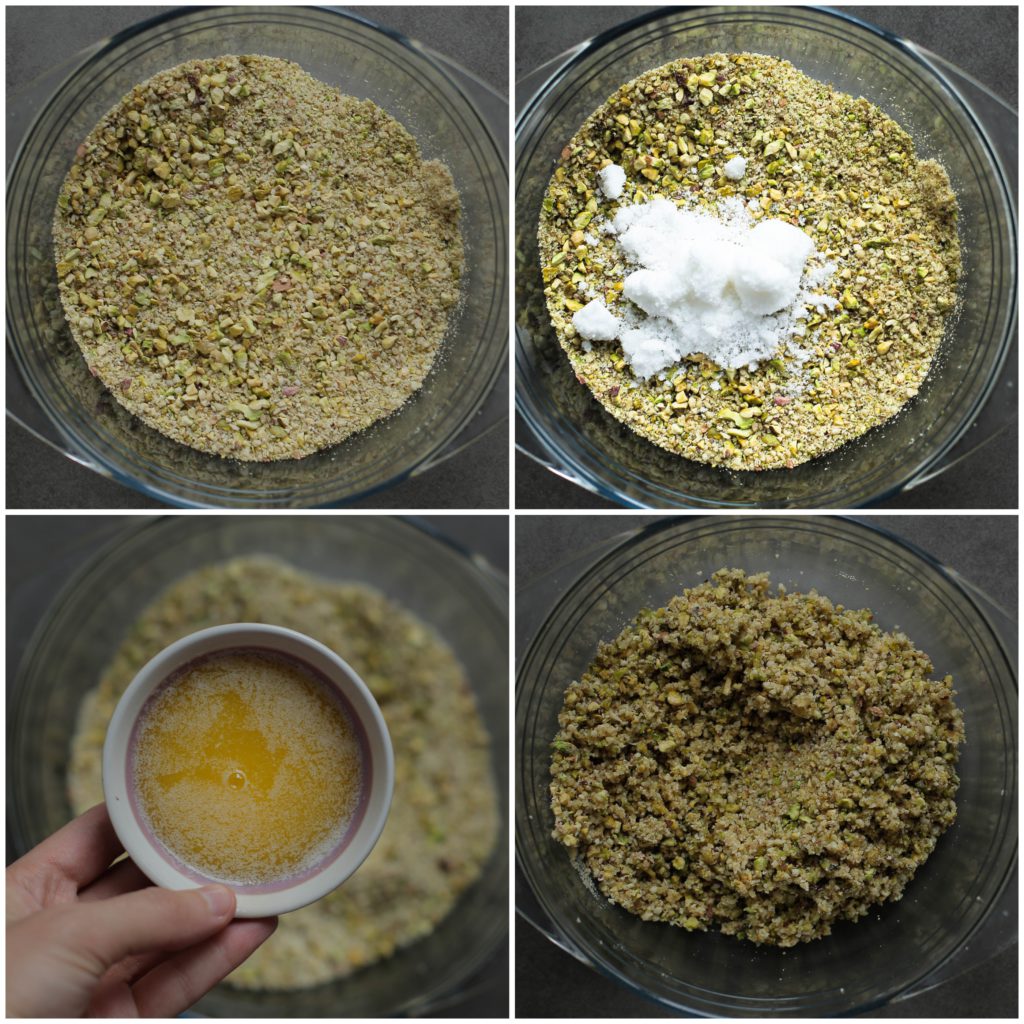 Doe de gemalen pistachenoten in een kom. Voeg de gesmolten roomboter en witte basterdsuiker (60 gr) toe. Meng goed.