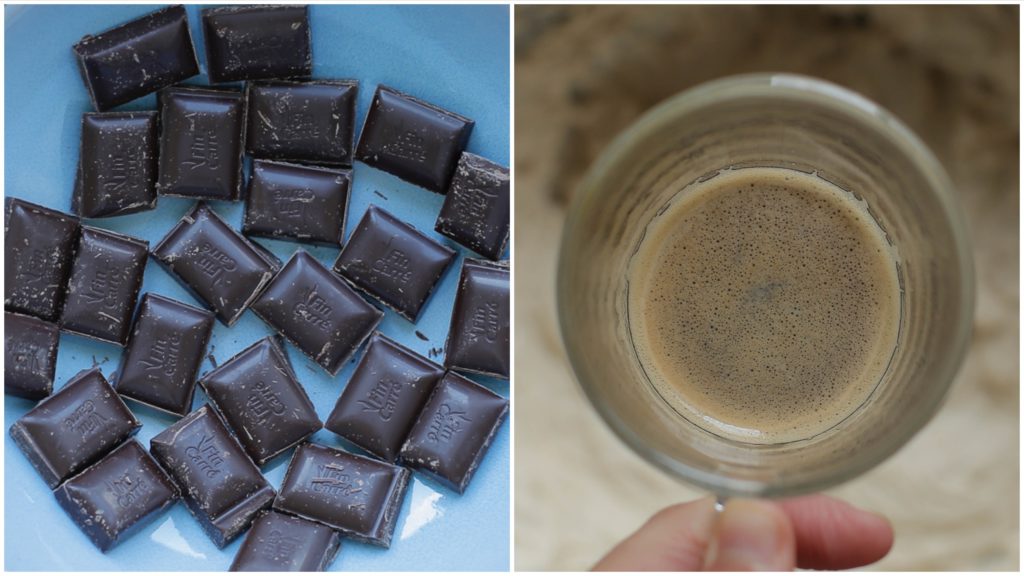 Breek de pure chocolade in stukken en zet een kop espresso (125 ml) klaar.