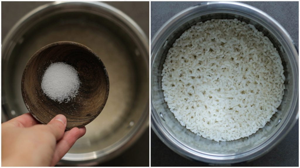 Was de rijst. Doe de rijst samen met het water en zout in een pan. Kook de rijst op hoog vuur. Wanneer het goed borrelt, zet je het vuur laag. Kook de rijst, afgedekt, in 10 minuten gaar of tot de rijst het water compleet heeft geabsorbeerd. Laat de rijst afkoelen.