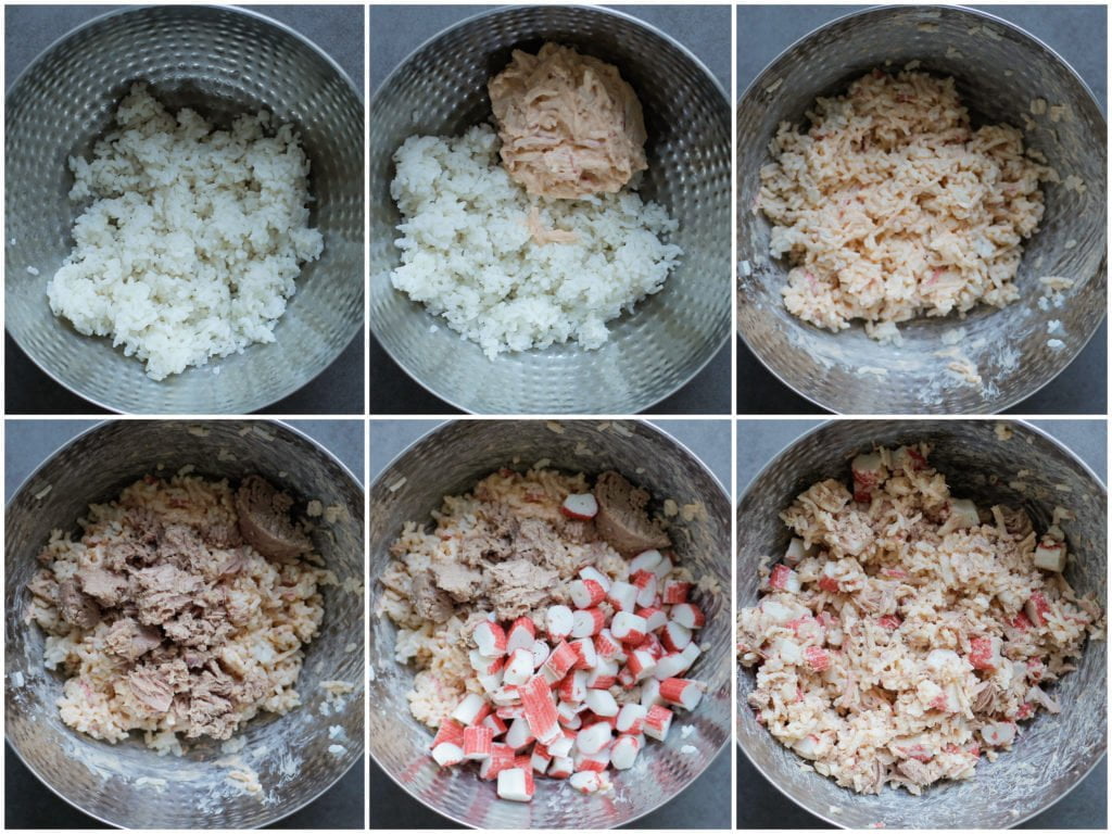 Doe de rijst in een diepe kom. Voeg de krabsalade toe en meng tot een geheel. Voeg de tonijn, surumi en rode ui toe. Meng goed.
