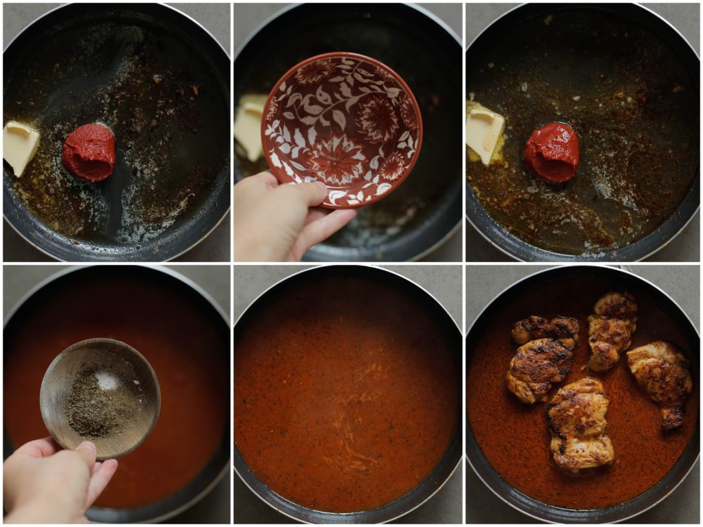 Doe in dezelfde pan weer wat roomboter. Voeg de tomatenpuree en het water toe. Kook 2 minuten op middelhoog vuur. Voeg het zout, de zwarte peper en droge basilicum toe. Meng goed. Voeg de kippendijen toe en kook 2 minuten aan elke kant.