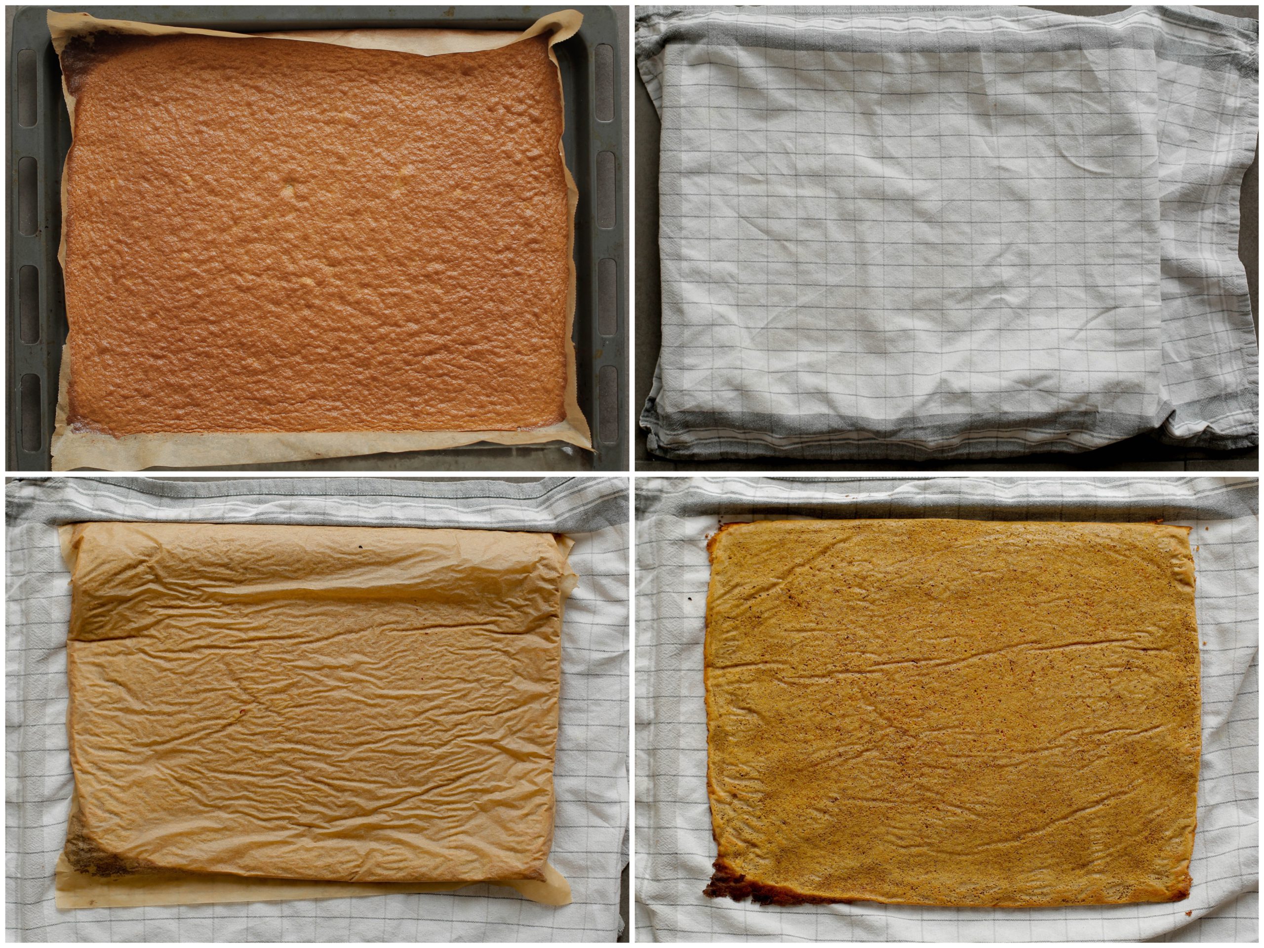 Wortelrolcake op een bakplaat met een theedoek