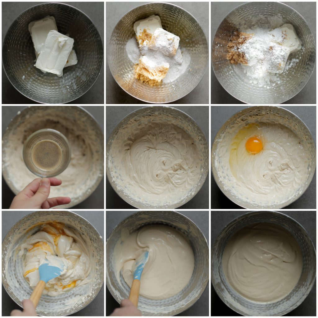Doe de roomkaas in een diepe kom samen met de bruine basterdsuiker, vanillesuiker, espresso (25 ml), de inhoud van een cappuccino sachet en maïzena toe. Mix een minuut. Leg de mixer weg en gebruik vanaf nu een spatel. Los de eieren één voor één luchtig op met de spatel (doe dit niet met een mixer, want zo klop je het beslag op).