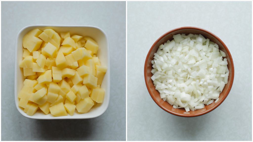 Schil en snijd de aardappel in kleine stukken. Pel de gele ui en snipper deze.