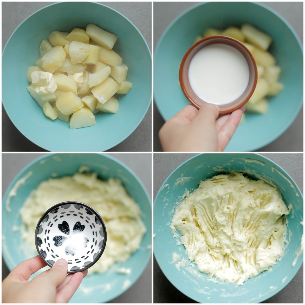 Voeg de roomboter, melk en het zout toe aan de gekookte aardappels. Stamp/prak de aardappels fijn.