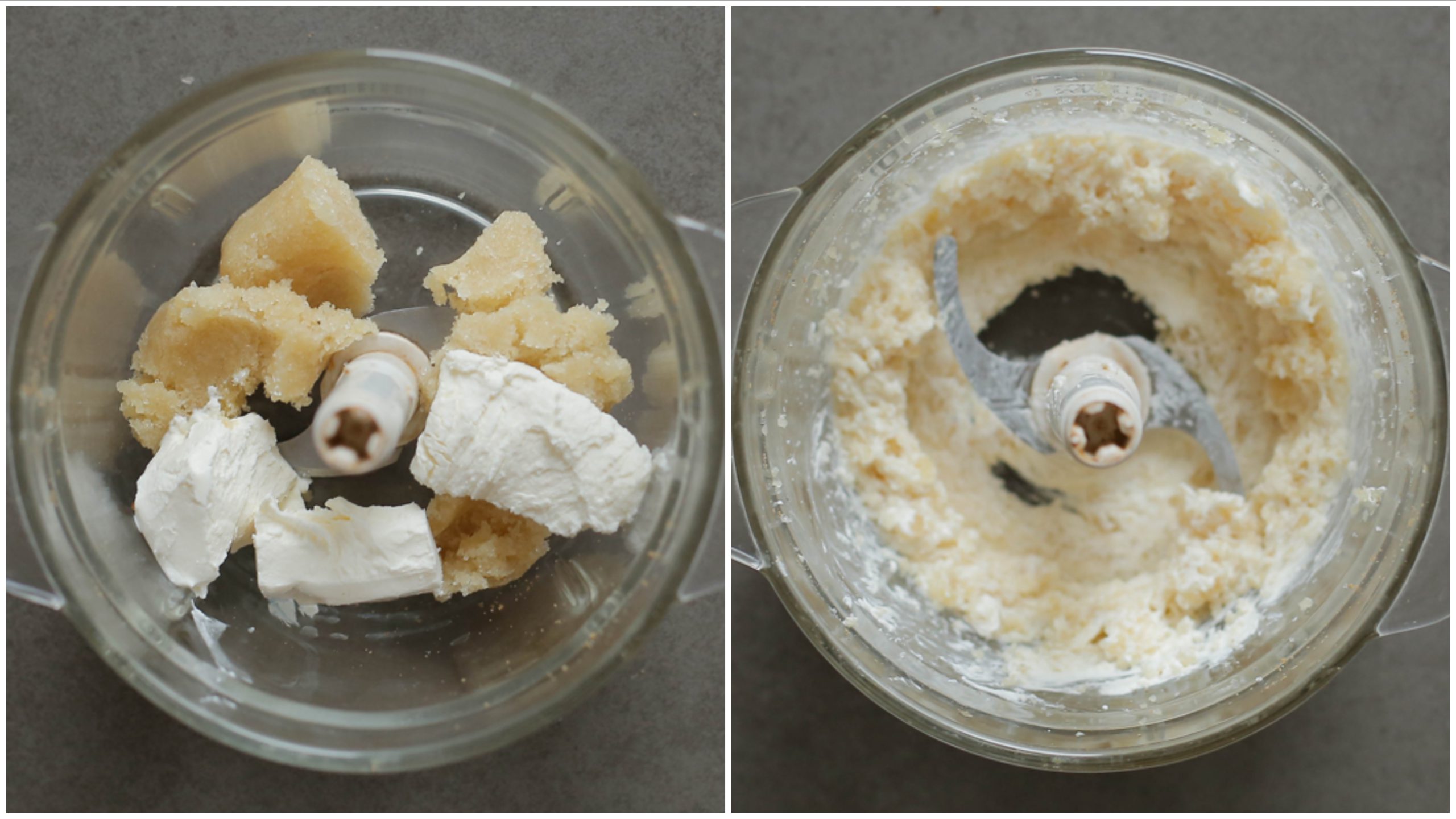 Amandelspijs mixen met roomkaas in een hakmolen