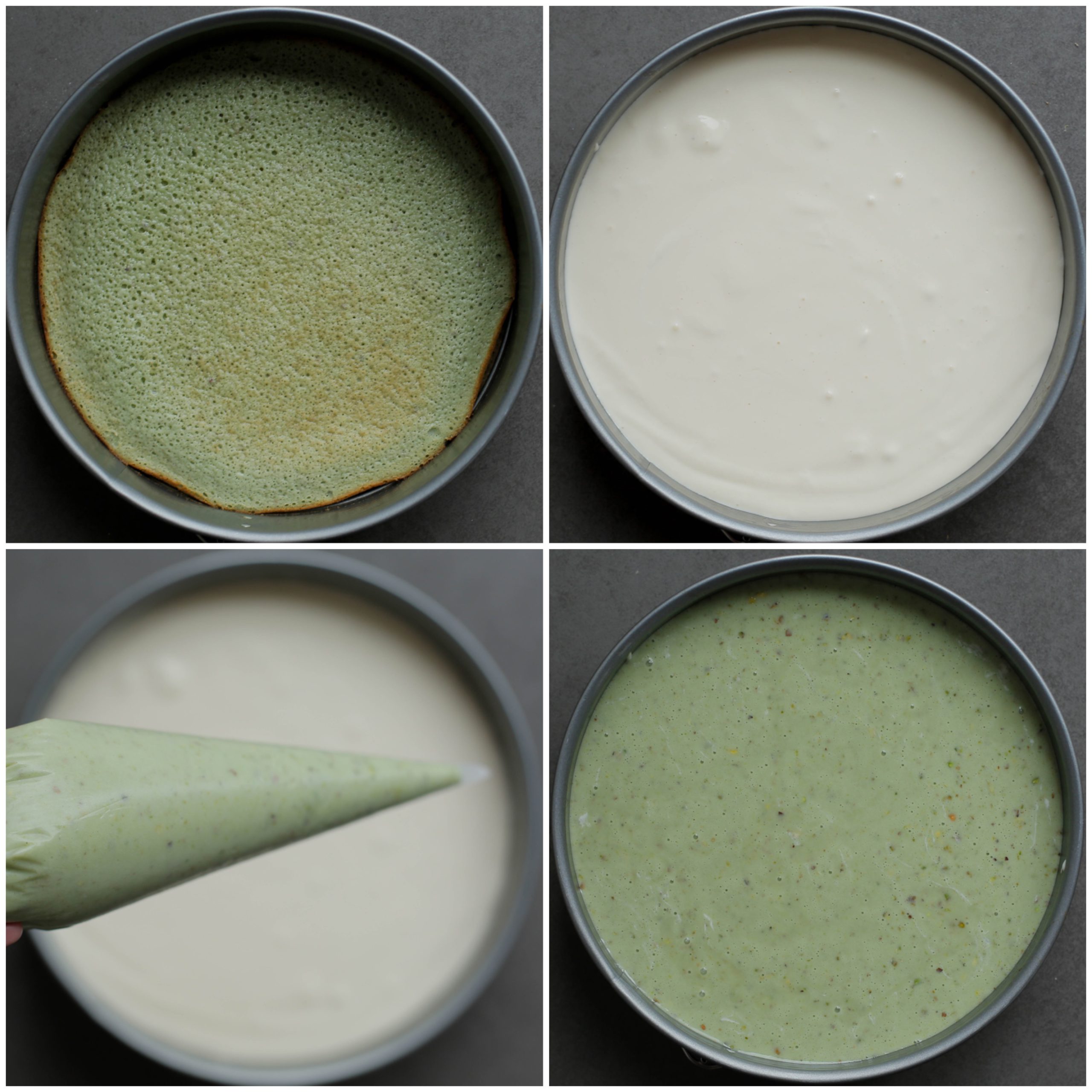Cheescakebeslag en pistachecakebeslag toevoegen in bakvorm