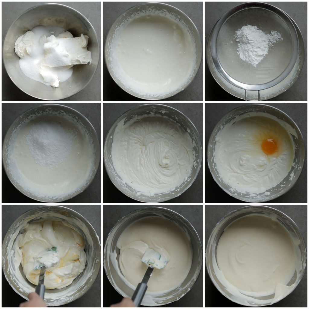 Doe de roomkaas in een diepe kom samen met de suiker, vanillesuiker en het zout. Mix een minuut. Zeef de maïzena boven de kom en mix weer een minuut. Leg de mixer weg en gebruik vanaf nu een spatel. Los de eieren één voor één luchtig op (doe dit niet met een mixer, want zo klop je het beslag op).