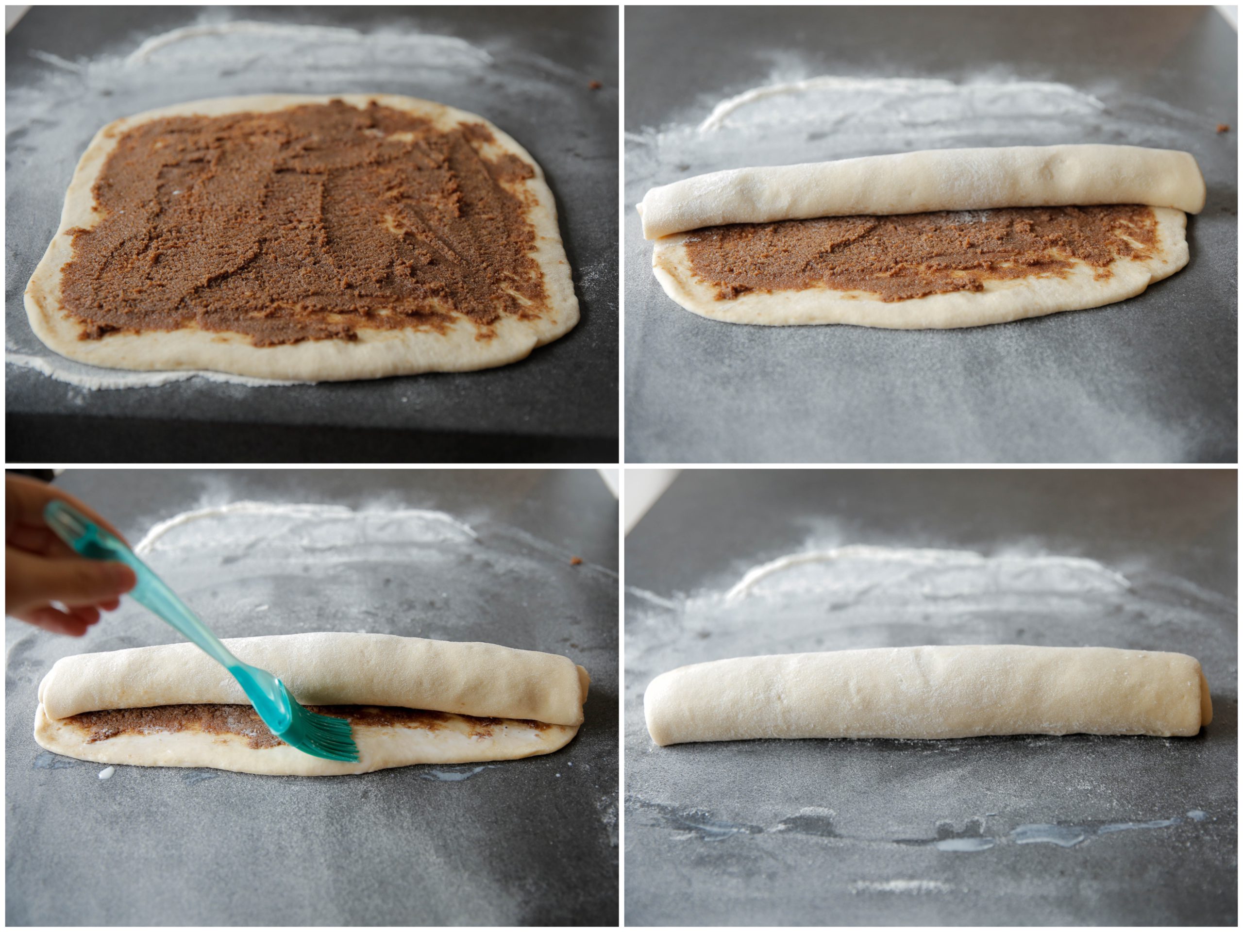 Deeg met speculaasvulling rollen tot een langwerpige staaf